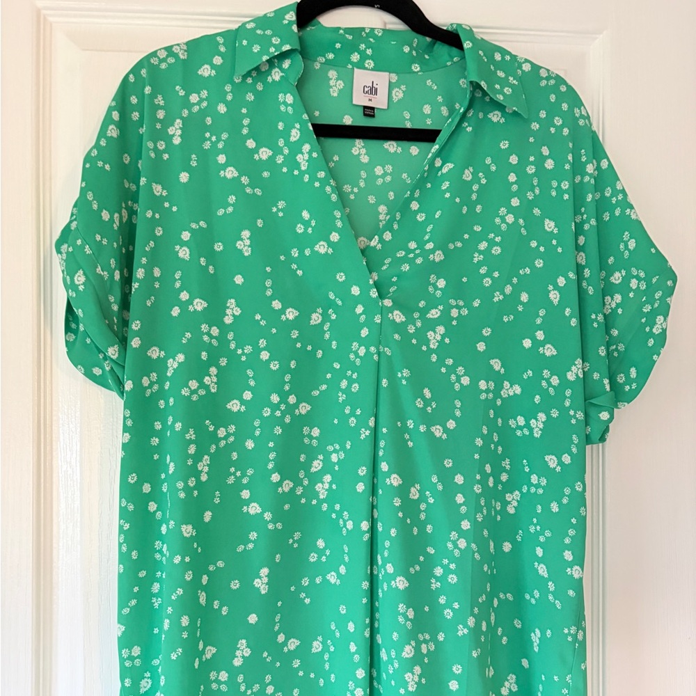CAbi Green and White Floral Blouse